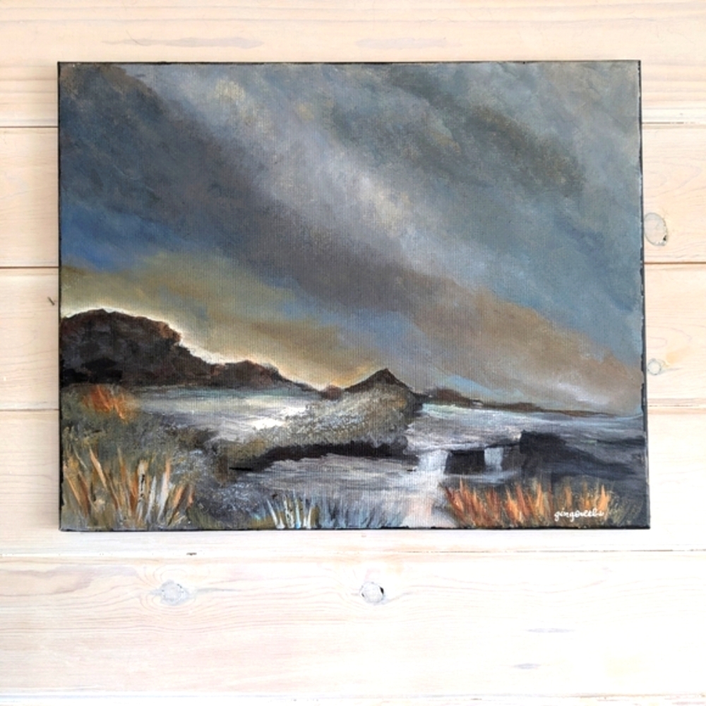New Abstract Fantasy Gray Landscape Artist Signed Canvas Original Acrylic Art